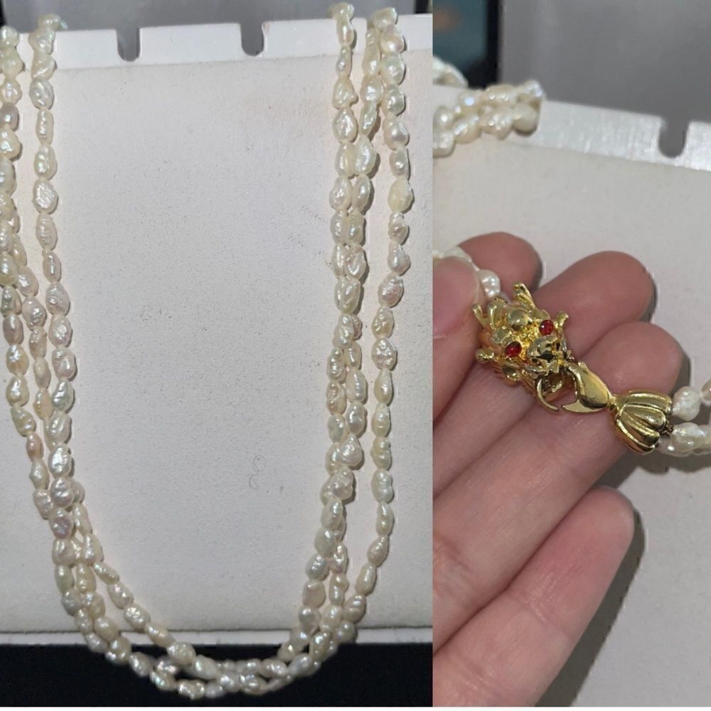 Three strand authentic rice pearl dragon clasp necklace